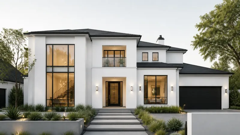 Same bungalow after complete renovation with modern white facade